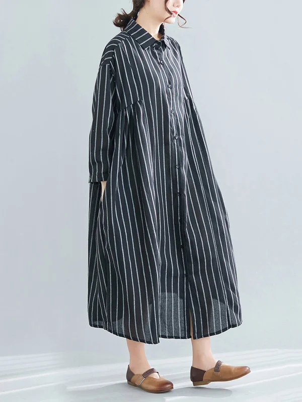 Simple Striped Buttoned Lapel Long Sleeves Shirt Dress