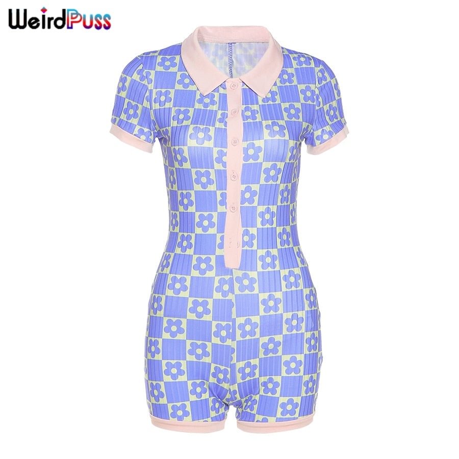 Weird Puss Floral Romper Women Polo Neck Short Sleeve Playsuit Button Skinny Summer Casual Streetwear Ribbed Elastic Outfits