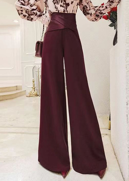 VCSHOES Red Solid High Waist Cotton Wide Leg Pants Spring
