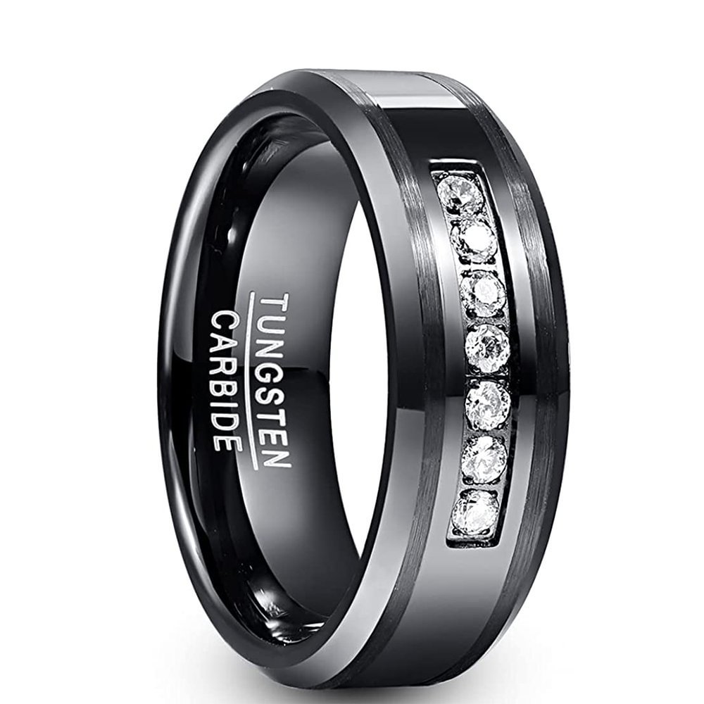 8mm White Round Cubic Zirconia Inlay Black Tungsten Carbide Rings Men's Wedding Bands