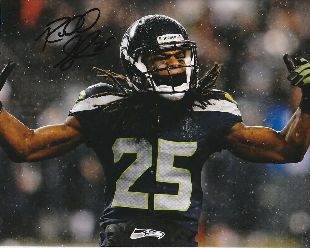 RICHARD SHERMAN SIGNED SEATTLE SEAHAWKS FOOTBALL 8x10 Photo Poster painting #1 NFL EXACT PROOF!