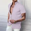 Camicia da uomo a maniche corte in cotone e lino con collo alto e bottoni