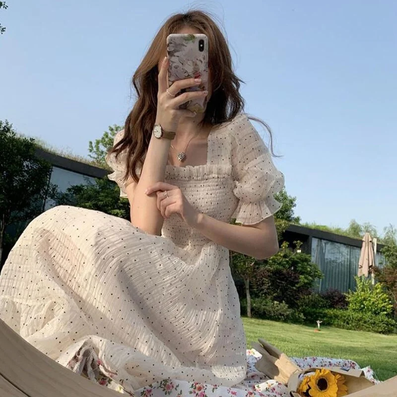 Floral Sweet Dress Summer 2021 Short Sleeve Chiffon Elegant Dresses Korean Square Collar Party Dress for Female Dot 14596