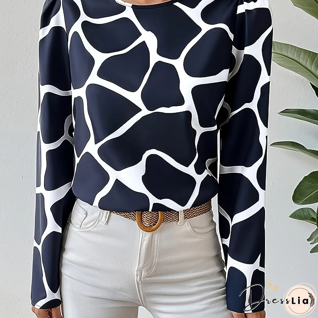 Giraffe Print Blouse, Casual Crew Neck Long Sleeve Blouse, Women's Clothing
