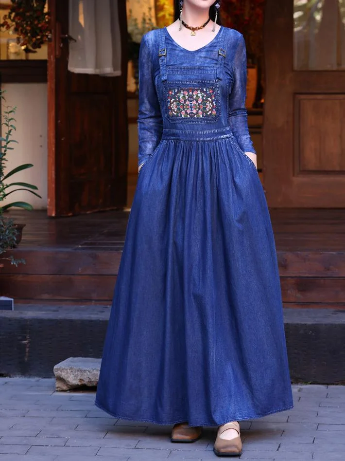 Women's Denim Embroidered Sleeveless Off-shoulder Maxi Dress