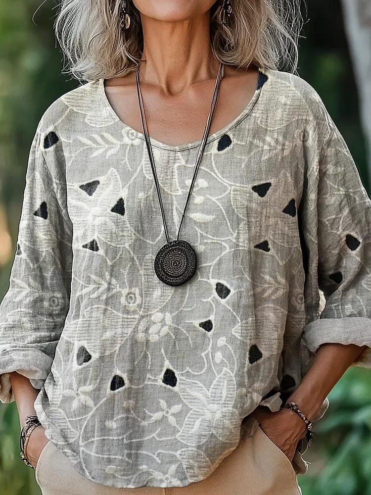 Women's Vintage Ethnic Floral Art Print Casual Cotton And Linen Shirt