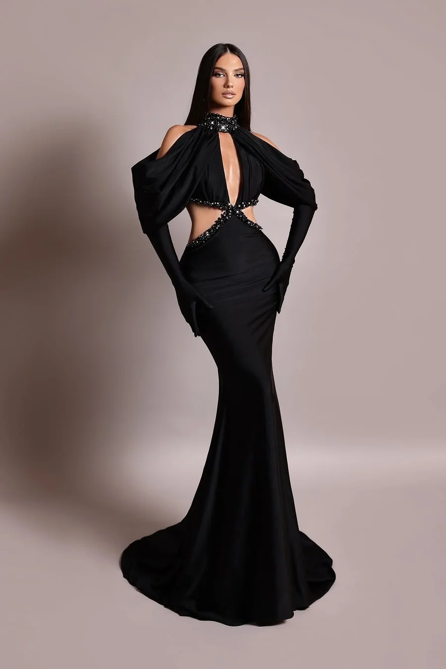 Daisda Black Long Sleeves High Neck Asymmetric Beadeds Mermaid Prom Dress 