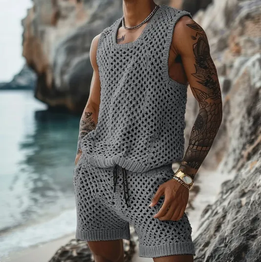 Men's Leisure Turn-down Collar Fitted Stripe knitting Tank Tops And Shorts Sets