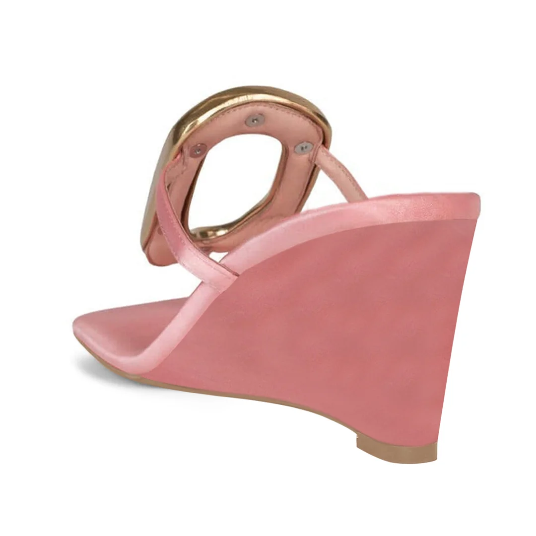 Peach Square Toe Gold Buckle Strap Satin Sandals with Wedge Heels