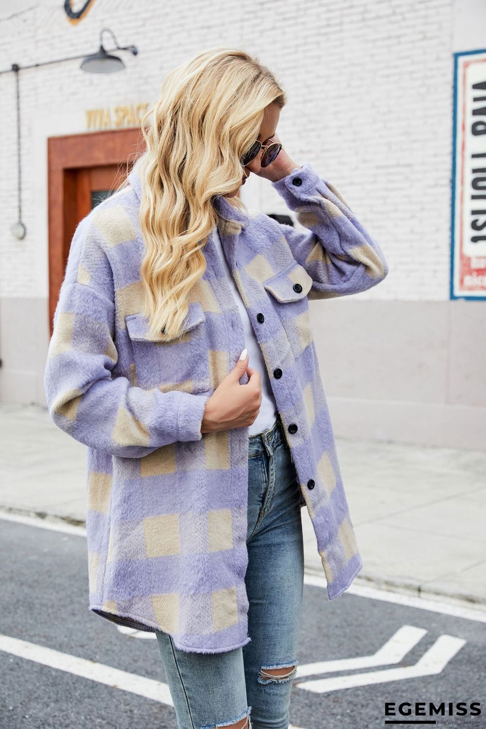 Autumn Winter Suede Coat Single Breasted Lapel Long Sleeve Plaid Cardigan Shirt | EGEMISS