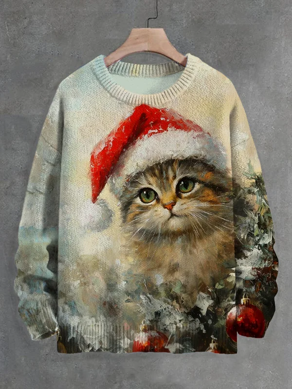 Men's Cat Hiding Behind The Christmas Tree Oil Painting Art Print Knit Sweatshirt