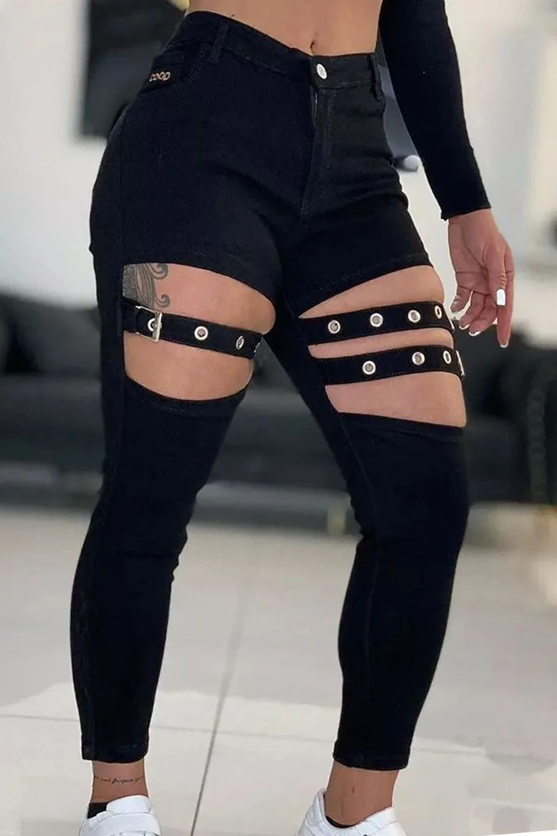 Fashion Casual Solid Hollowed Out Split Joint Skinny High Waist Pencil Solid Color Bottoms