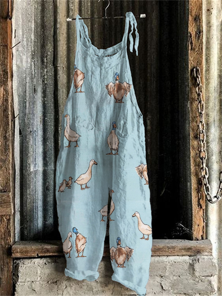 Comstylish Farm Mallard Ducks Pattern Linen Blend Jumpsuit