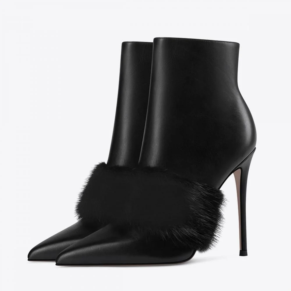 Black Fur Pointy Toe High Heel Ankle Boots Stiletto Heels Nicepairs