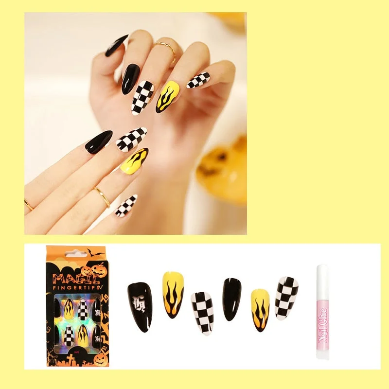 24pcs 4 Fire Patterns Design Cool Girls Hand Decorative False Nails with Glue Full Cover Detachable false nails with designs-Nail Inspo