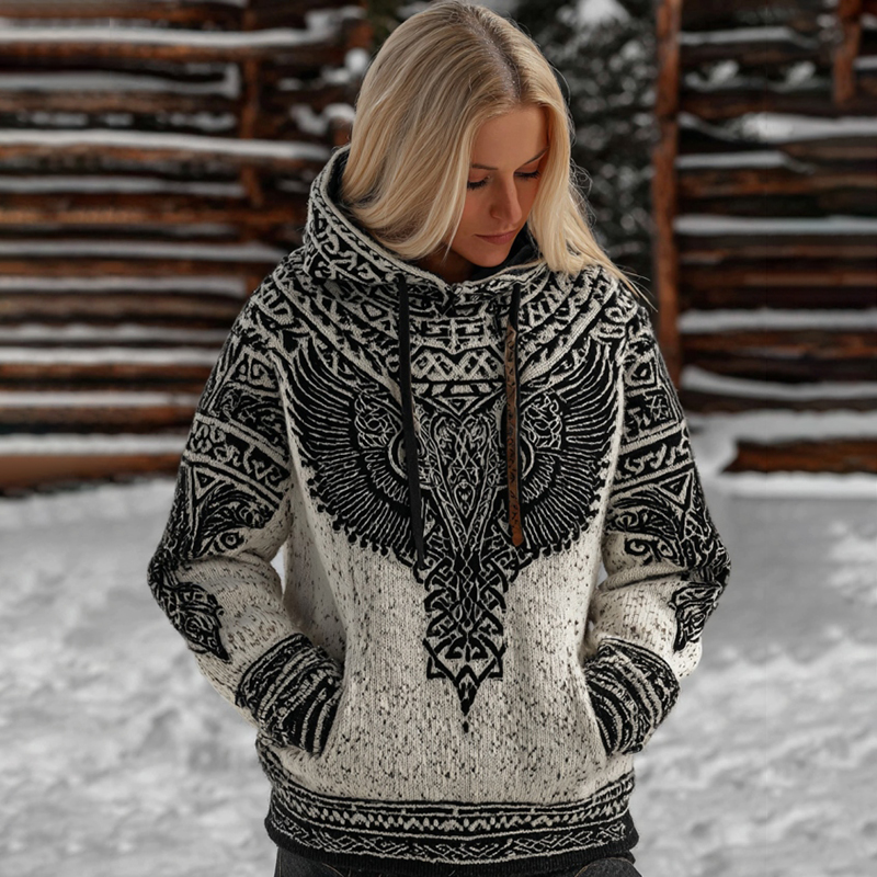 Women's Viking Vintage Wings Art Knit Cozy Hooded Sweater elevenforest