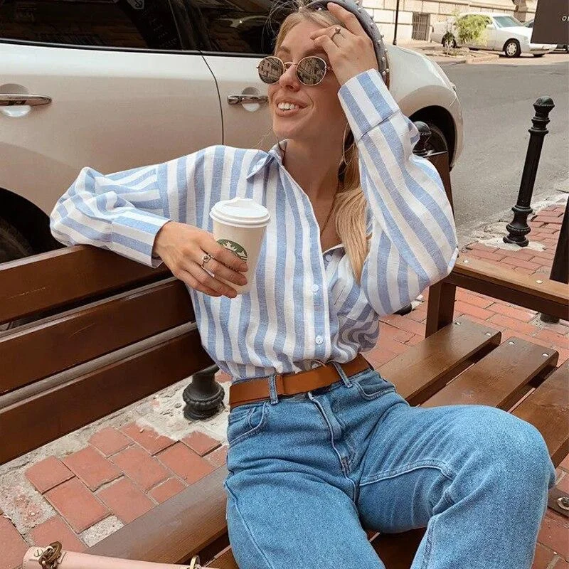 Women Blue and White striped Front Pockets Blouse Turn Down collar Long Sleeve Casual Shirts 2020 New Office Lady Women Blouse