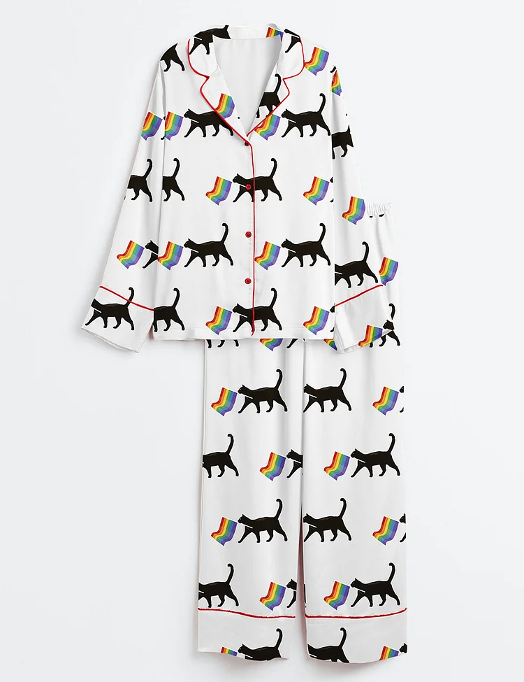 Women&rsquo;s A Little Gay Cat Friend Pride Month LGBT Pride Print Long Sleeve Satin Pajama Set