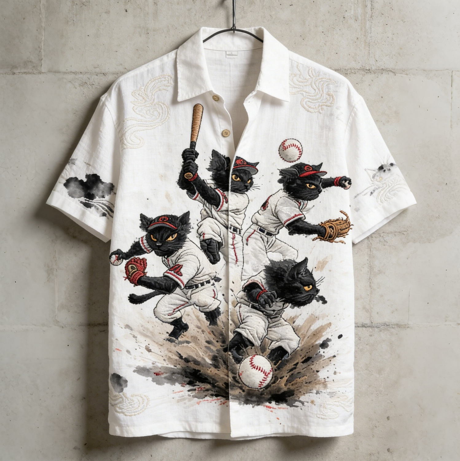Men's Black Cat Baseball Player Print Short Sleeve Shirt elevenforest