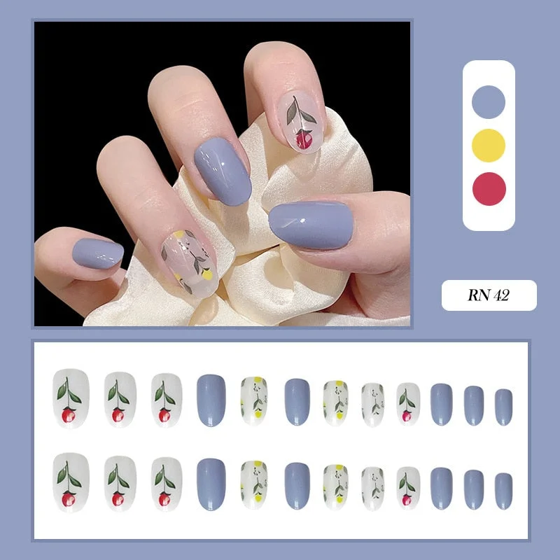 24pcs/box fake short nails with glue round head Finished Nails Manicure Patches Strawberry Patches press on nails with designs-Nail Inspo