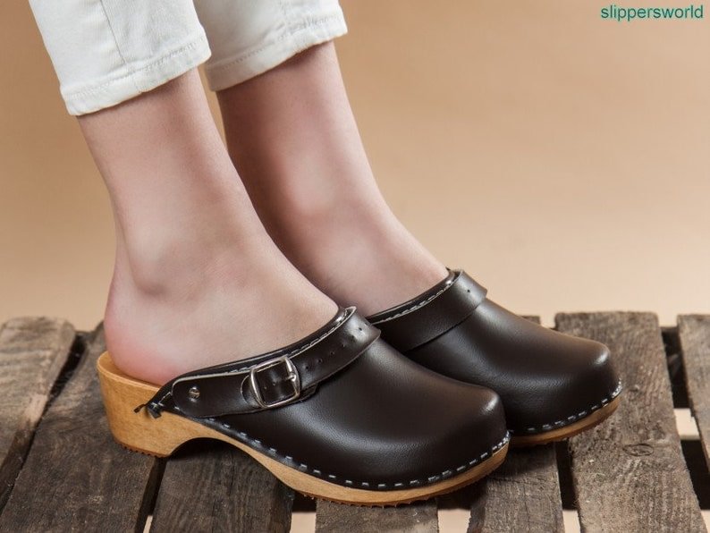 Women’s Leather Clogs, Swedish Handcrafted Wooden Sole Sandals , Easy Fit with Strap Buckle