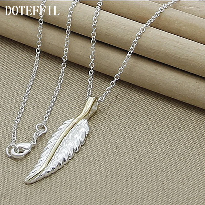 DOTEFFIL 925 Sterling Silver Leaves Feather Pendant Necklace 18 Inch Chain For Women Jewelry