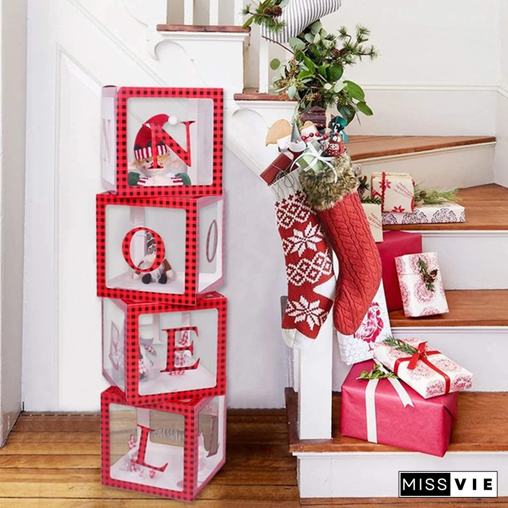 Christmas Red Black Plaid Transparent Noel Box Noel Blocks Xmas Gift Boxes For Fireplace Christmas Tree Decorations Home Decor Holiday Party Decorations