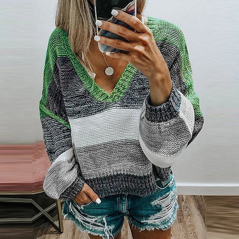 Sweater Women Fall Winter Casual V Neck Patchwork knitted Sweater Fashion Loose Striped Pullover Tops Elegant Sweet Warm Sweater
