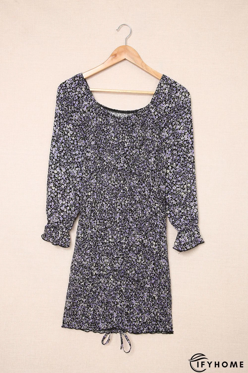 Purple Floral Print Shirred Slim-fit Long Sleeve Mini Dress | IFYHOME