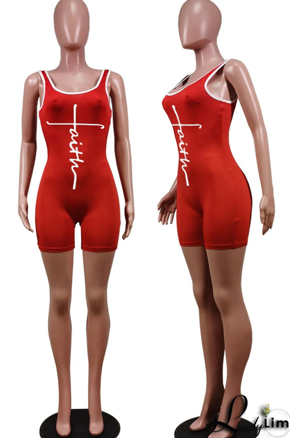 Tangerine Red Casual Print Split Joint U Neck Regular Jumpsuits