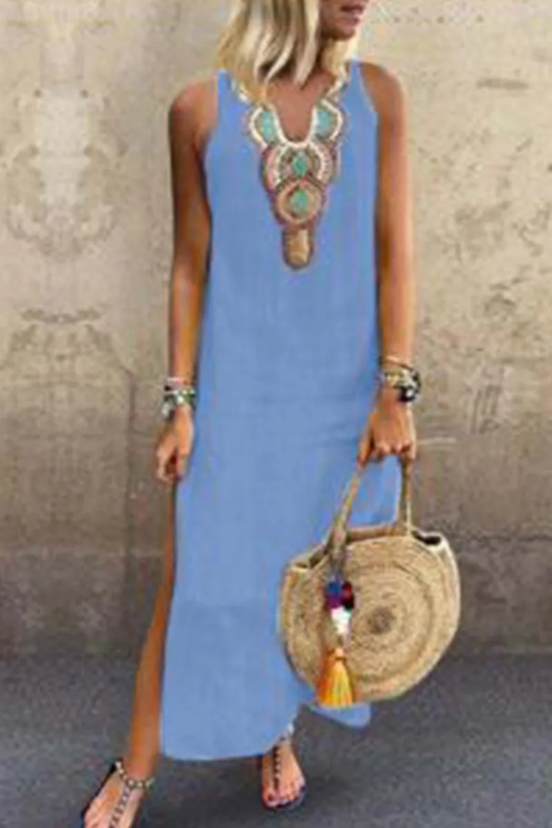 Casual Print Slit V Neck A Line Dresses(7 Colors)