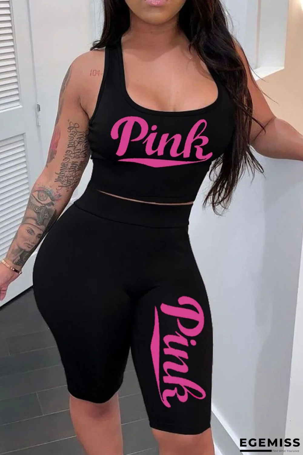 Black Fashion Casual Sportswear Letter Print Basic U Neck Sleeveless Two Pieces | EGEMISS