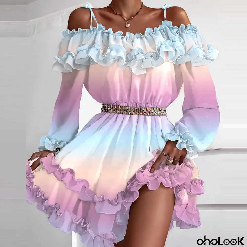 Gradient Print Off Shoulder Strap Dress - Without Belt