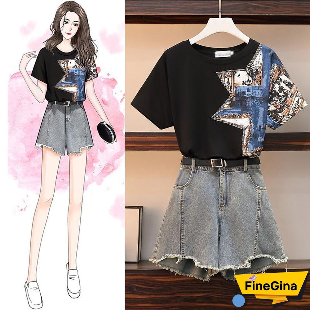 Fashion Print Tee+Denim Shorts P11657
