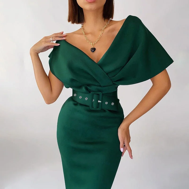 WannaThis Off Shoulder Short Sleeve Dresses For Women Elegant Autumn 2021 Vintage Streetwear Party Female Vestidos With A Belt