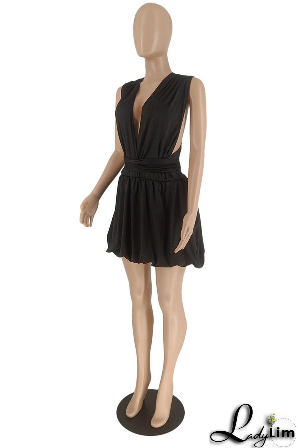 Black Sexy Casual Solid Bandage Backless V Neck Sleeveless Dress