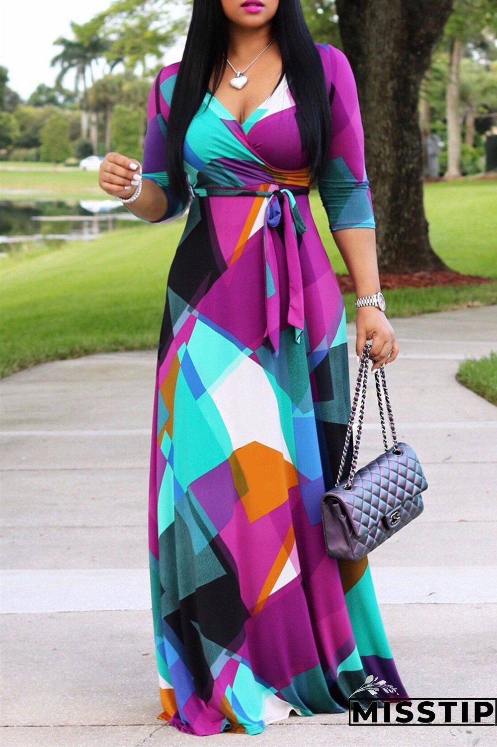 Blue Fashion Casual Print Bandage V Neck Long Sleeve Dresses