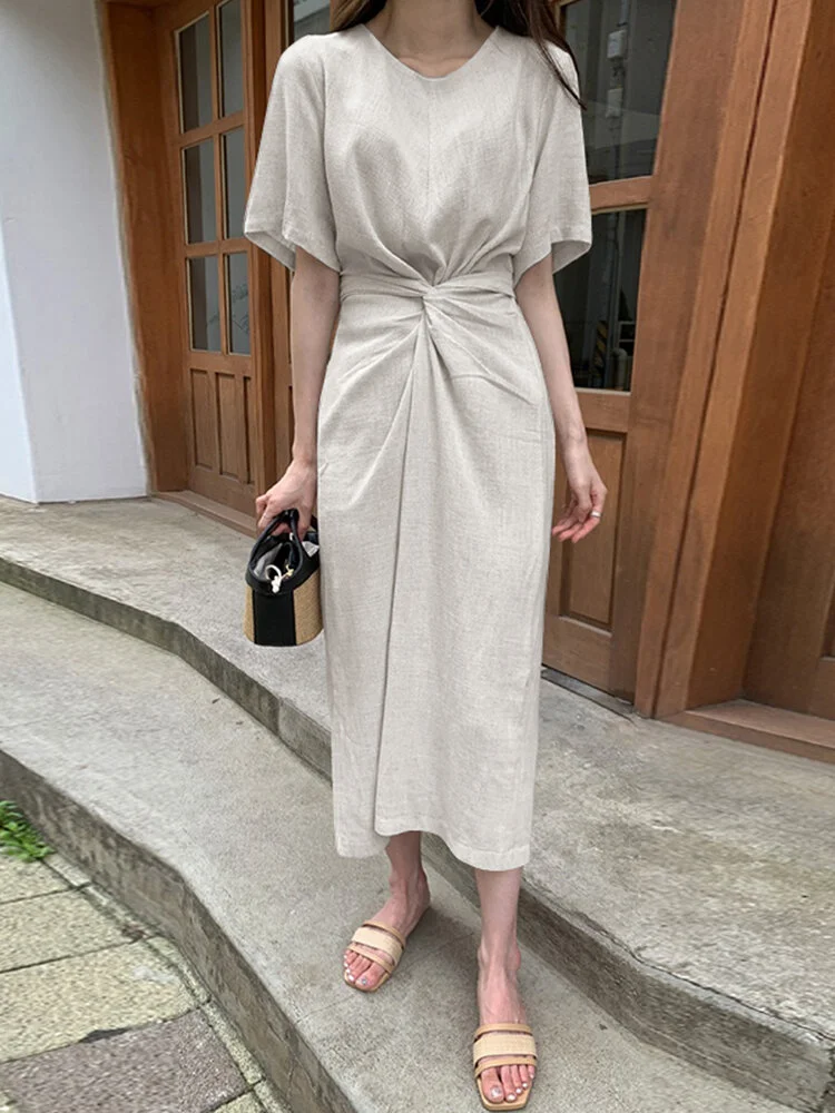 Cotton Solid Bowknot Short Sleeve Maxi Dress