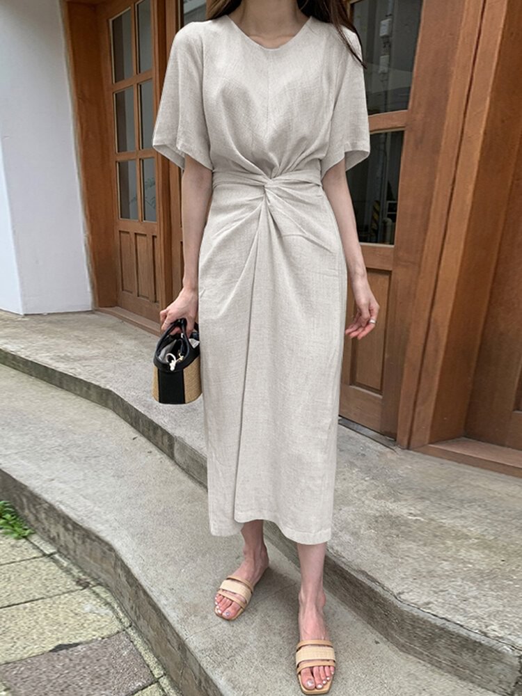 Cotton Solid Bowknot Short Sleeve Maxi Dress - Shop Trendy Women's Clothing | LoverChic