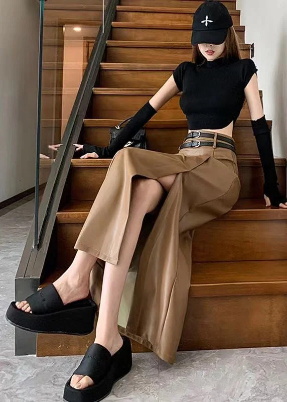Slim Fit Khaki Side Open High Waist Faux Leather Skirt Spring