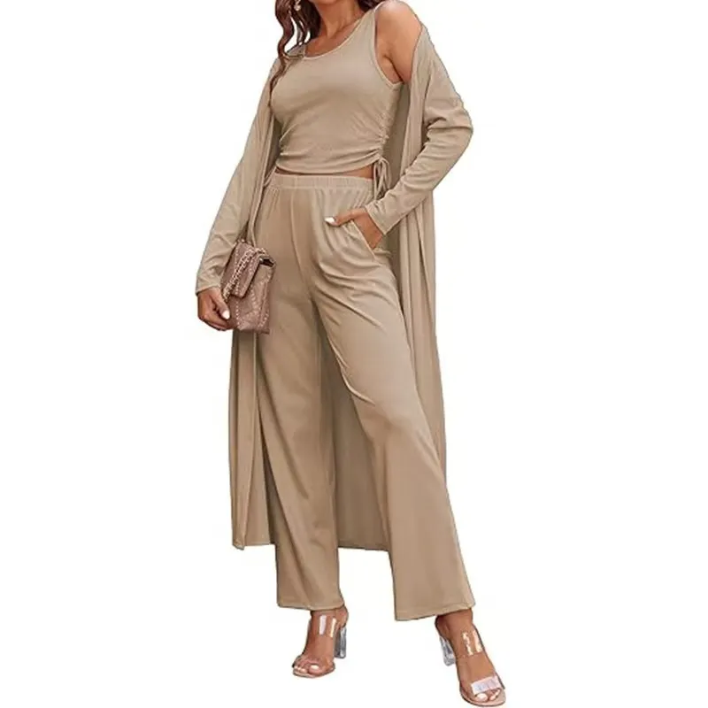 Women's 3 Piece Loungewear Set, Crop Cami Top + Wide Leg Pants + Long Cardigan
