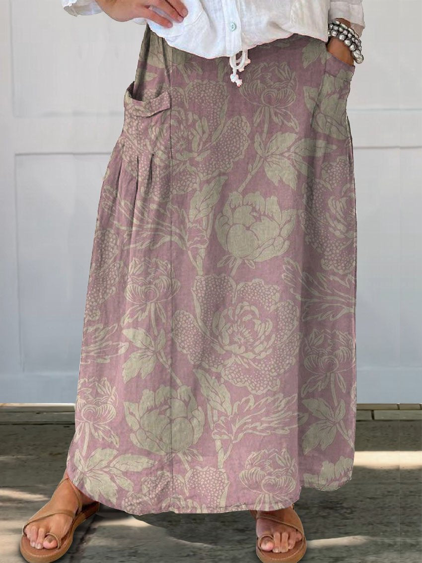 Women's Retro Elegant Floral Art Linen Pocket Skirt