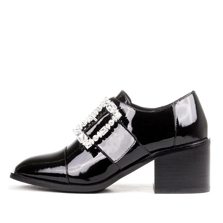 Black Rhinestone Block Heel Loafers with Round Toe Vdcoo