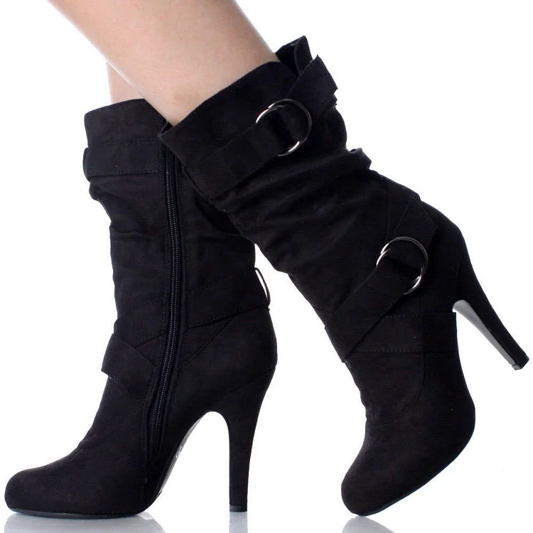 Black Soft Vegan Suede Strappy Boots Pointy Toe Stiletto Heels Booties |FSJ Shoes