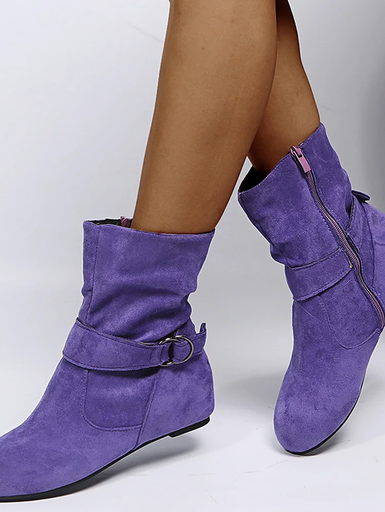 Casual Buckled Strap Solid Color Zipper Boots