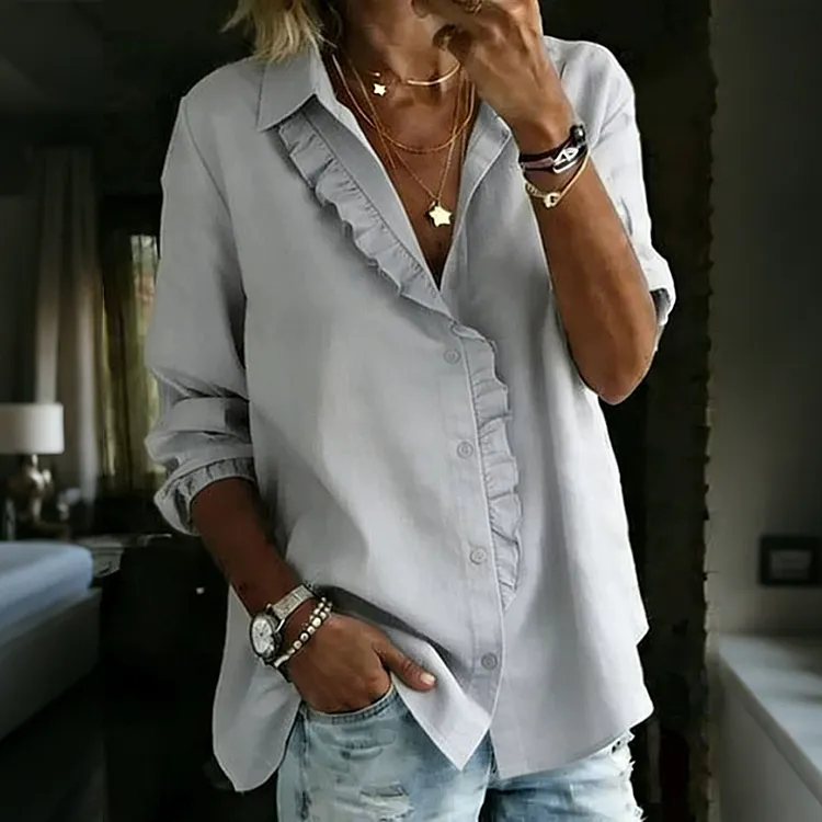 Women's Solid Color Long-sleeved Linen Blend Ruffled Blouse