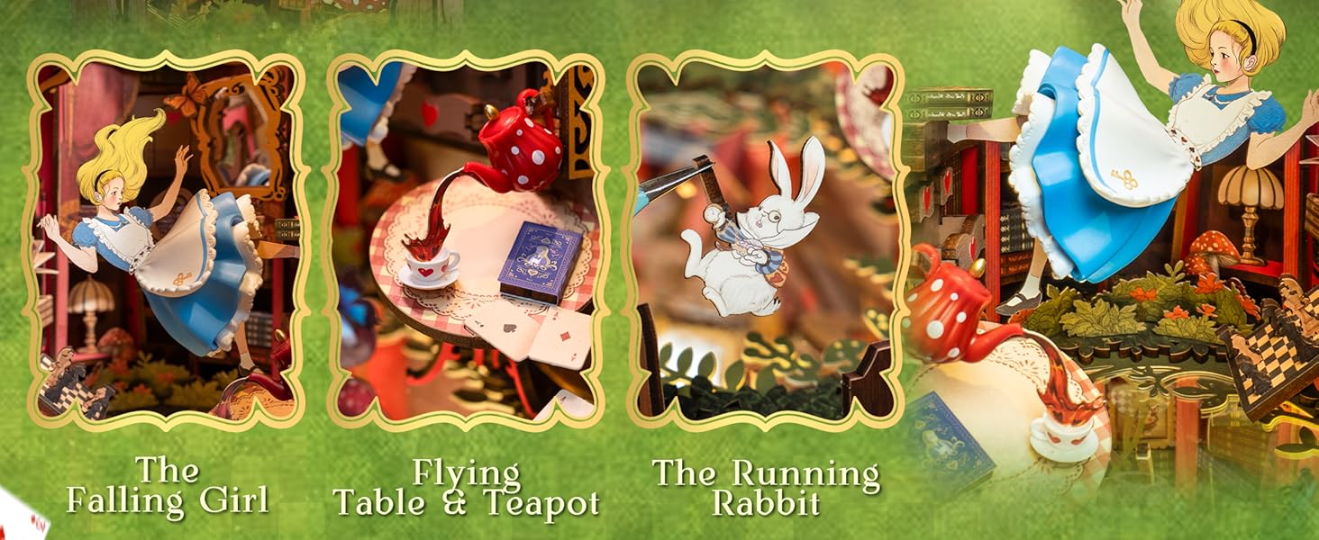 Tegooe 3D Wooden Book Nook Kit with LED Lights - Miniature Bookshelf Insert Gift