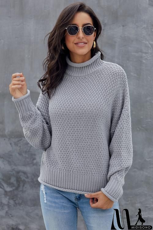 MidiSono - New Gray Chunky Batwing Long Sleeve Turtleneck Sweater