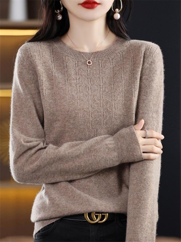 Women's Long Sleeve Solid Hollow-Out Crewneck Sweater