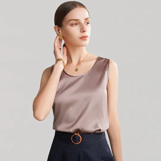 Débardeur Femme En Satin Fausse Soie – Col V Avec Lacets, Sans Manches – Neuve Avec étiquettes
